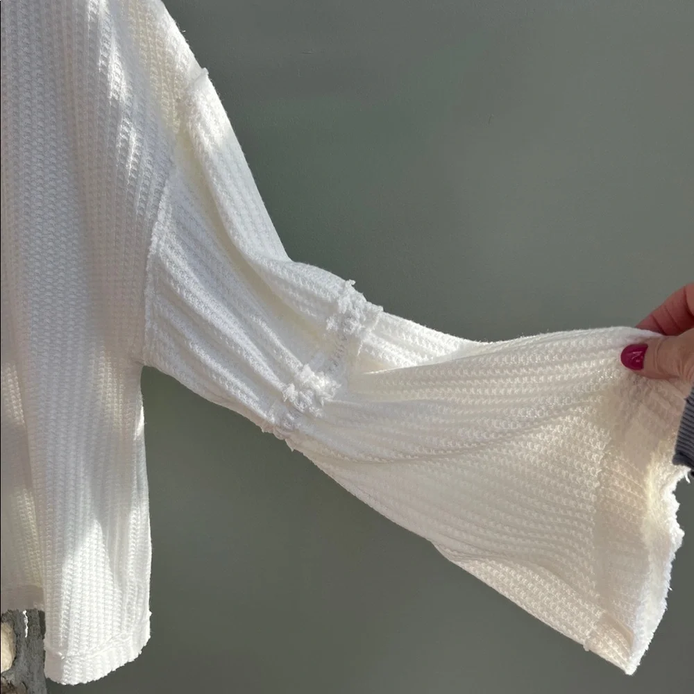 Miss Love waffle knit Vee neck distressed/raw edge long sleeve blouse. - Picture 6 of 6